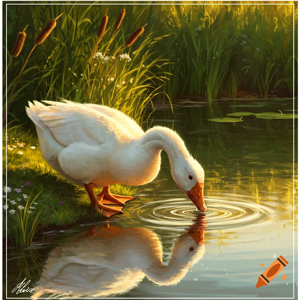 A white goose drinks from a sunlit pond, its reflection shimmering. Tall grass and cattails frame the scene. Illustrated art.