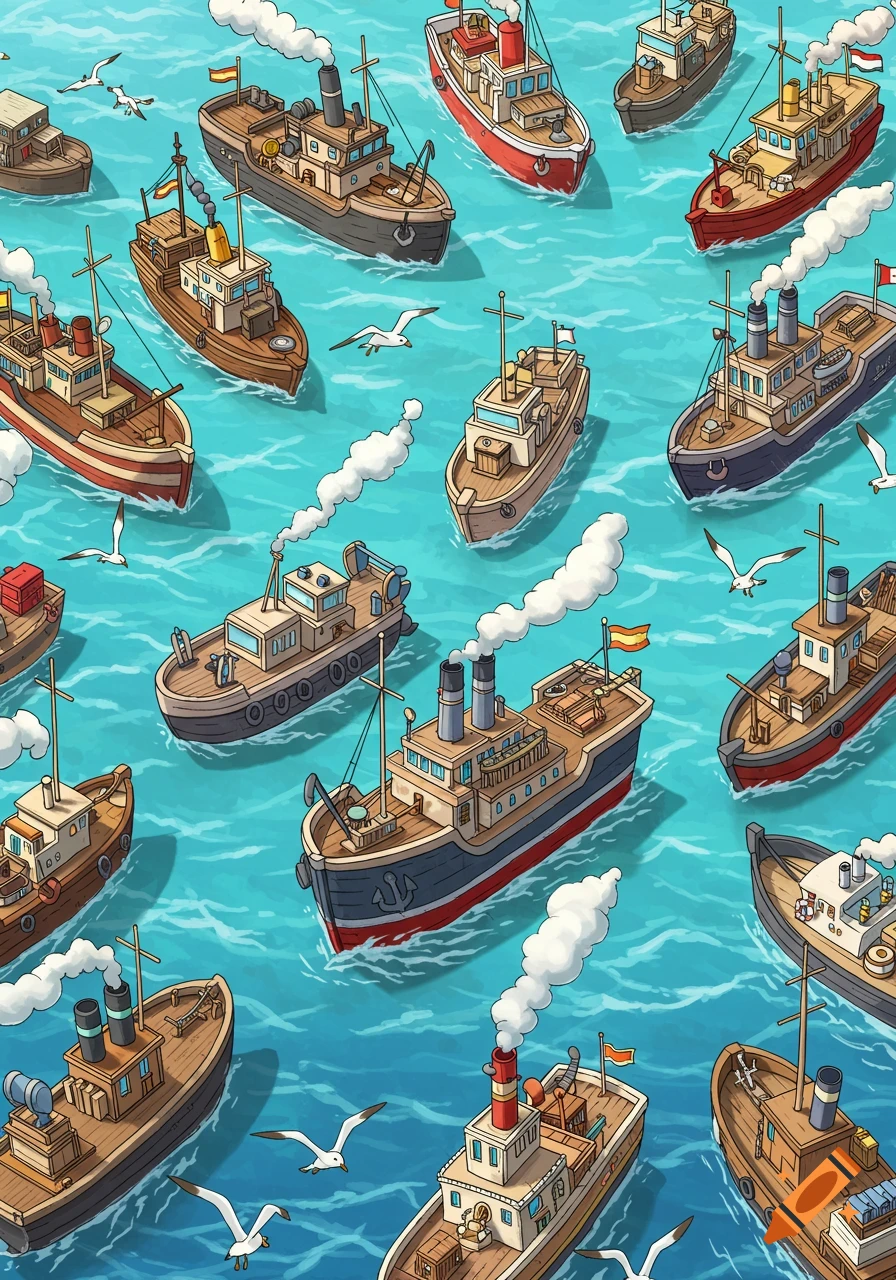 A top-down cartoon illustration of numerous motor ships of various sizes, with some seagulls, sailing on bright blue water.