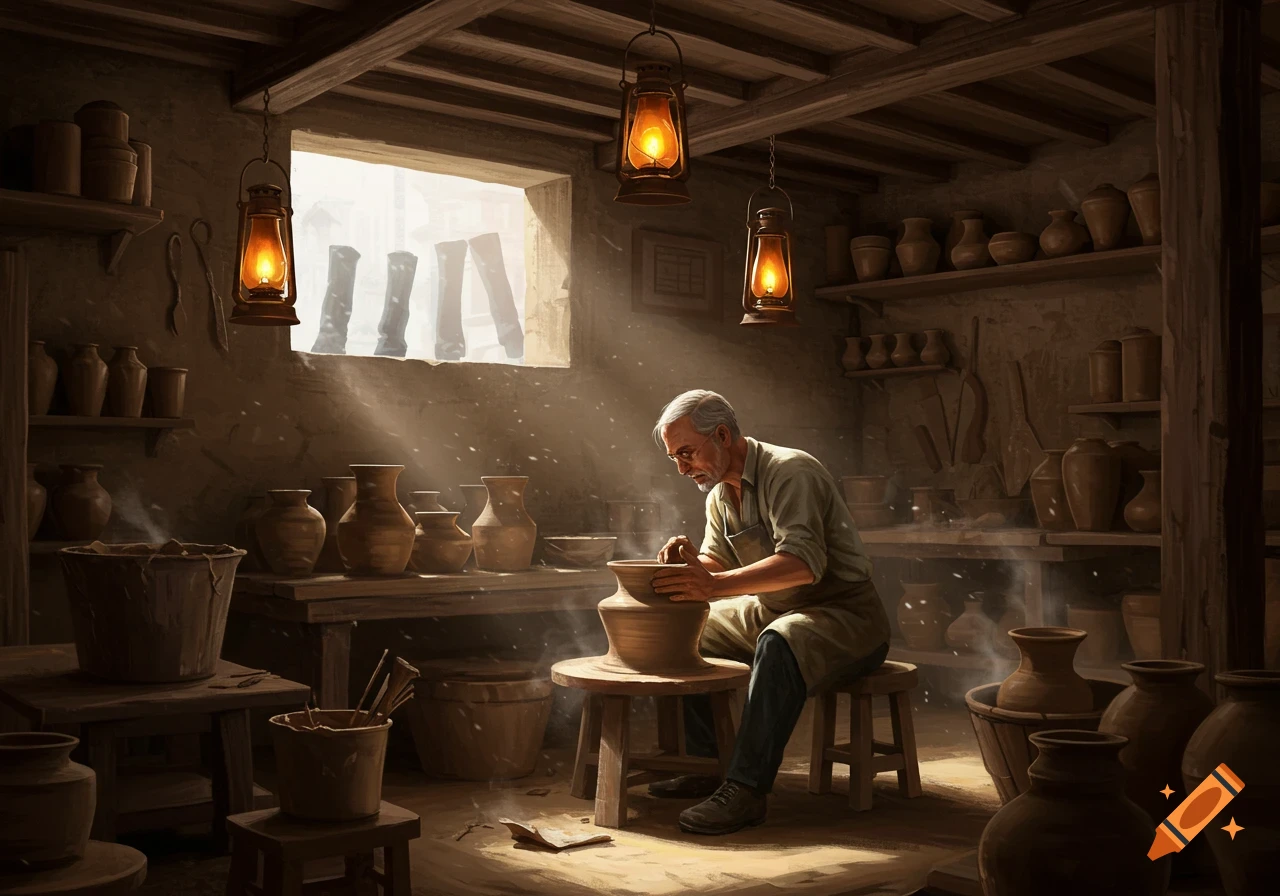 An old artisan works at a pottery wheel in a dusty workshop, sun rays illuminating the room filled with clay pots.