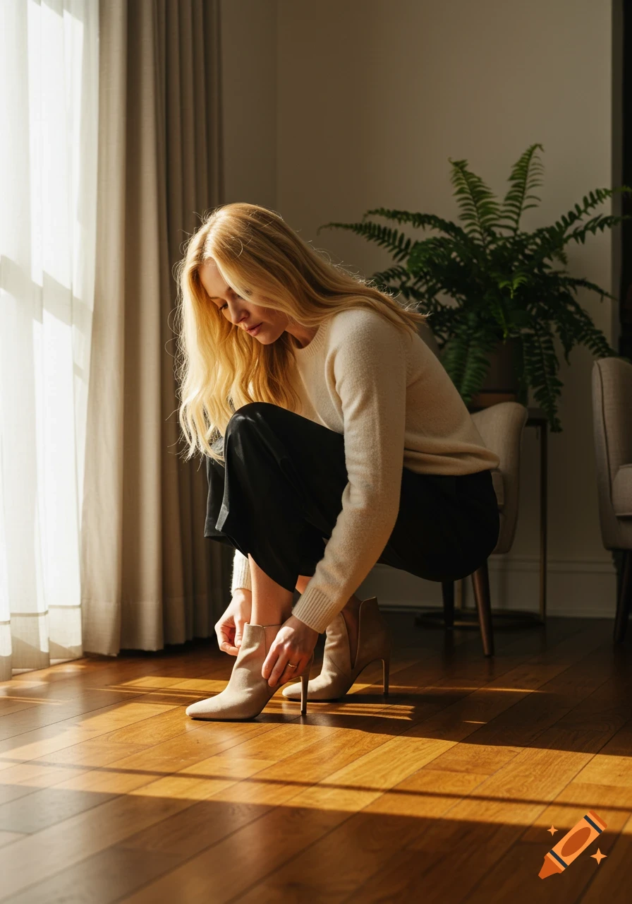A blonde woman in a cream sweater and black pants squats to put on a tan boot heel on a sunlit wooden floor.