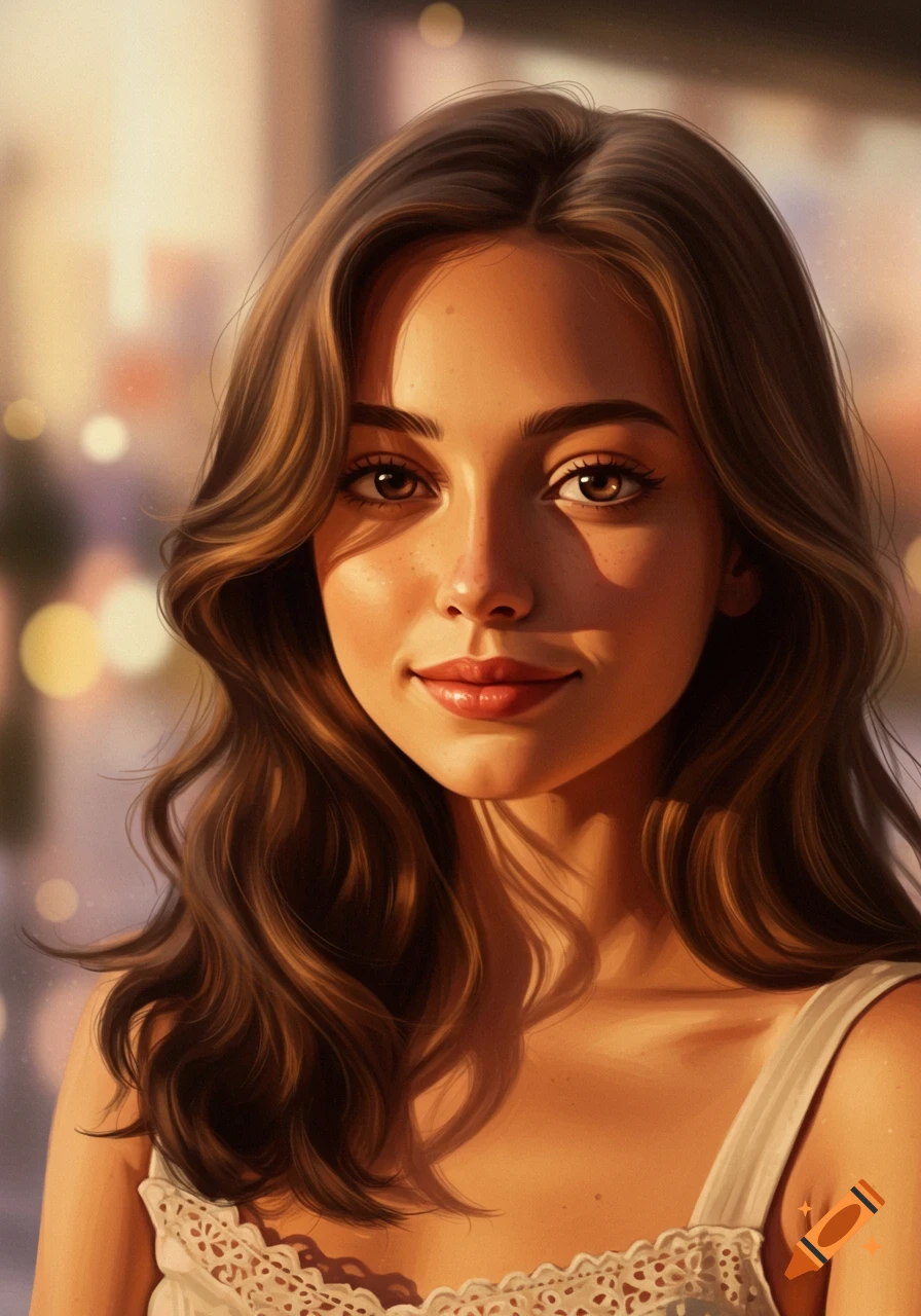 Digital portrait of a smiling young woman with long brown wavy hair, freckles, and a white lace top, bathed in warm light with a bokeh background.