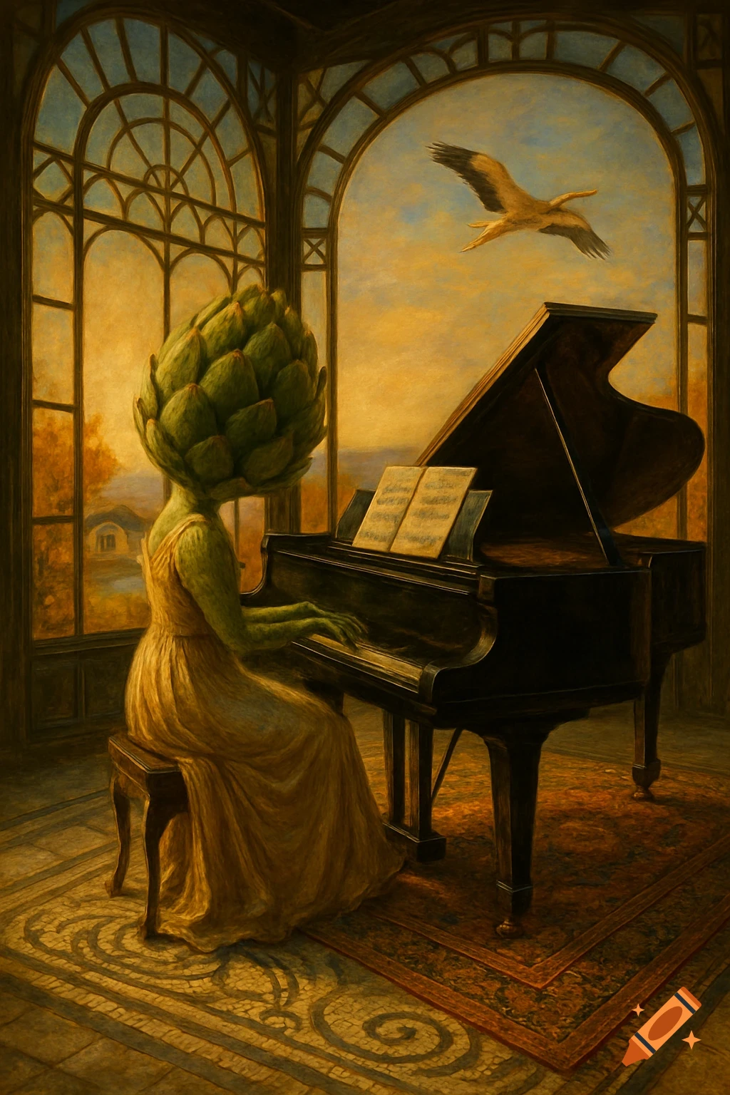 An anthropomorphic artichoke in a dress plays piano in an Art Deco greenhouse. A bird flies outside at sunset in a surreal oil painting.