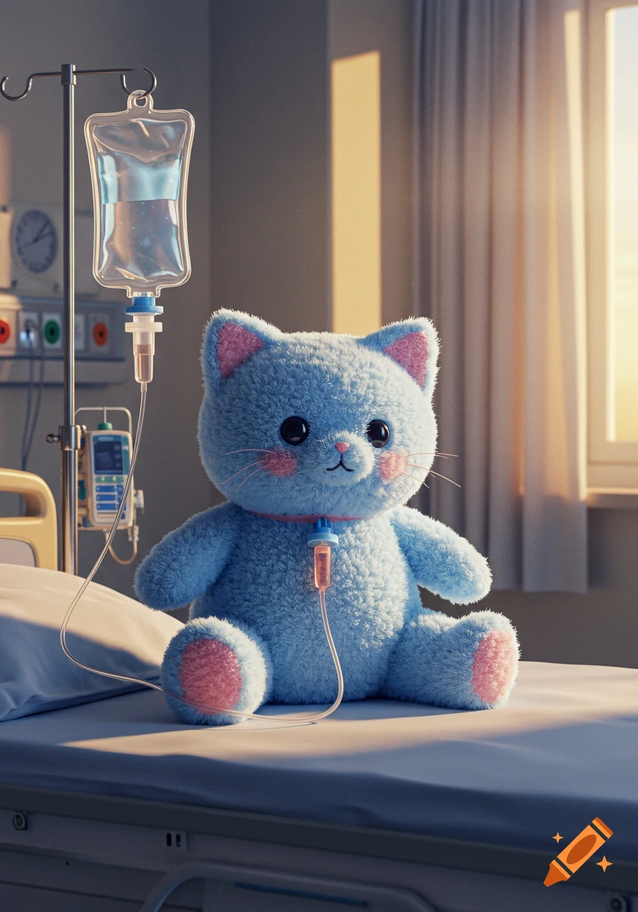 A light blue plush cat with pink paws and ears sits on a hospital bed, connected to an IV drip from a stand.