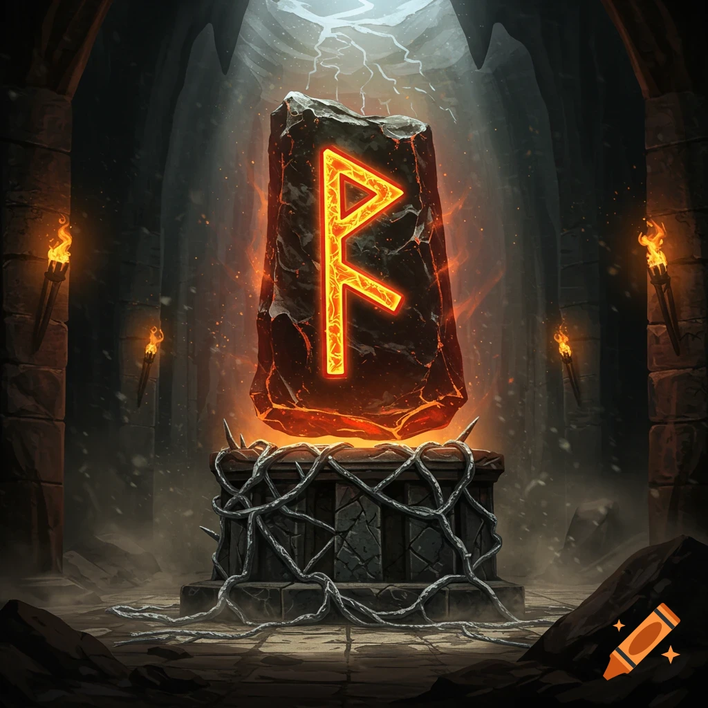 A glowing orange Fehu rune etched into a dark stone slab, resting on an ancient altar in a torch-lit chamber.