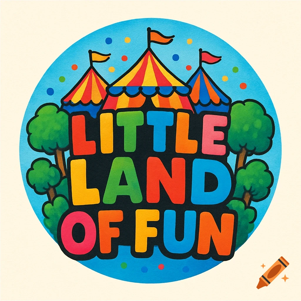 A bright, circular logo for 'Little Land Of Fun' with colorful block text, carnival tents, and green trees.
