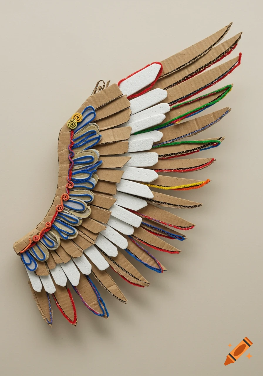 A curved wing craft made from layered cardboard, white styrofoam, and colorful pipe cleaners against a light background.