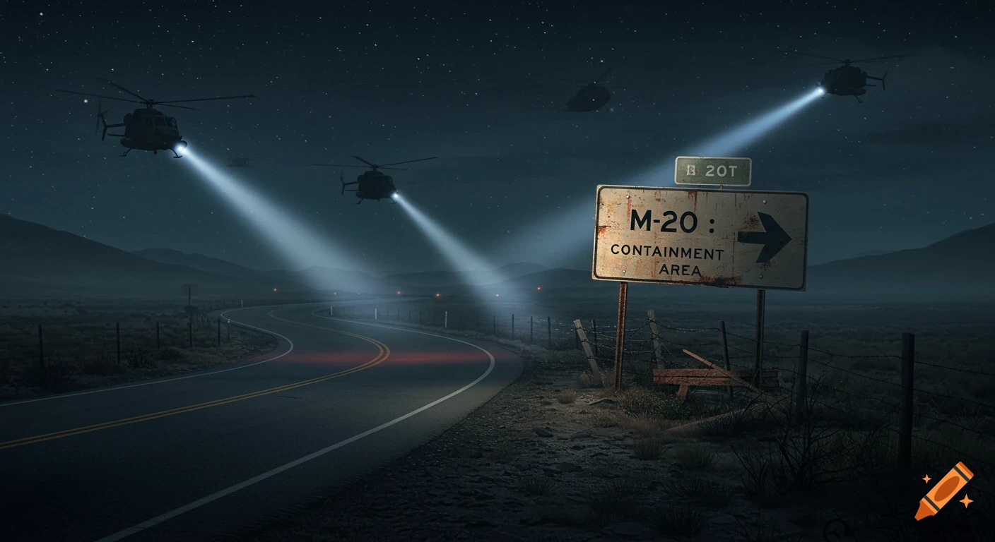 Military helicopters with searchlights fly over a dark, winding road next to a sign pointing to 'M-20: Containment Area' under a starry night sky, photorealistic.