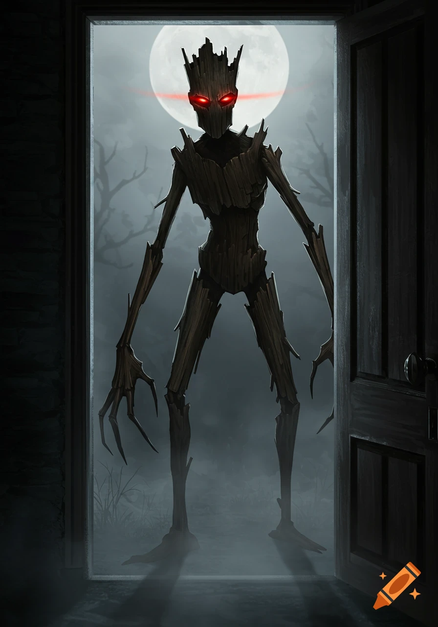 A tall, scary wooden creature with glowing red eyes stands in an open doorway, with a full moon and misty forest behind it.