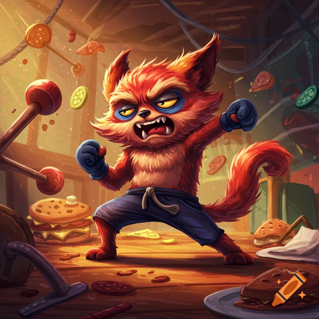 An angry, muscular red cartoon fox-like creature with blue eye masks and boxing gloves in a fighting stance, surrounded by flying food items like burgers and pepperoni.