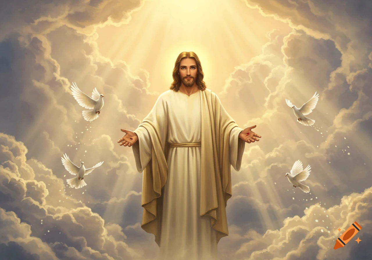 An illustration of Jesus standing in clouds with outstretched arms, light radiating from above, and white doves flying around him.