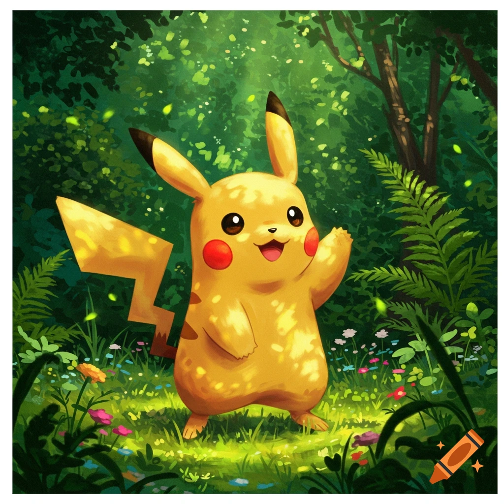 Pikachu smiling and waving in a vibrant, sun-dappled green forest with ferns and colorful flowers.