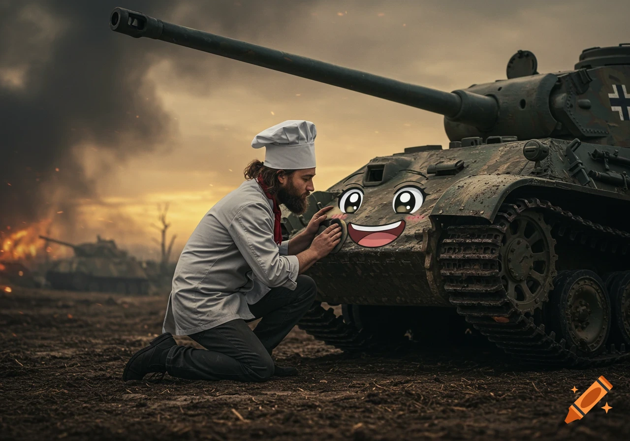 A chef polishes a World War II German tank with a happy anime face on a war-torn battlefield. Semi-realistic.