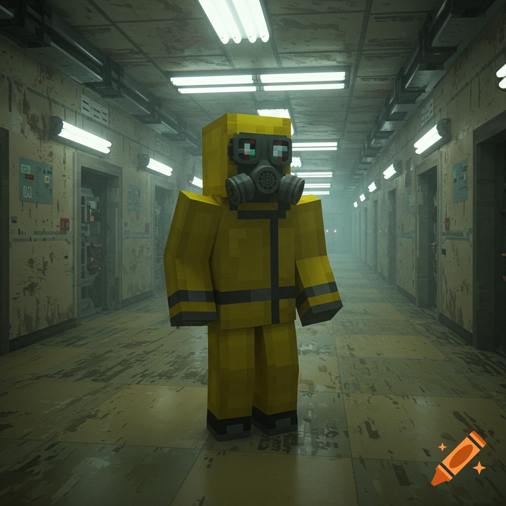 Blocky Minecraft-style character in a yellow hazmat suit and gas mask stands in a dimly lit, decaying industrial corridor.