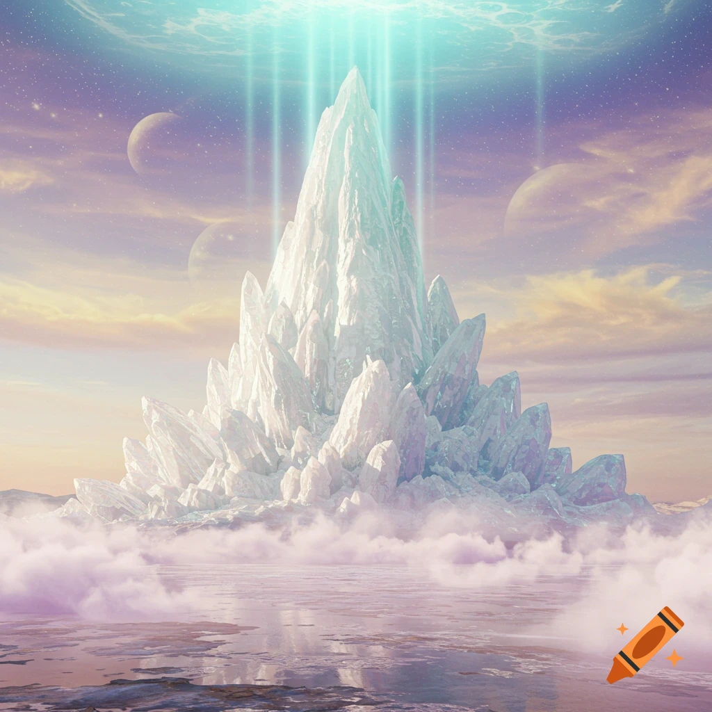 A vibrant, otherworldly landscape featuring a giant glowing crystal mountain, illuminated by beams, rising from purple clouds and water under a sky with moons.