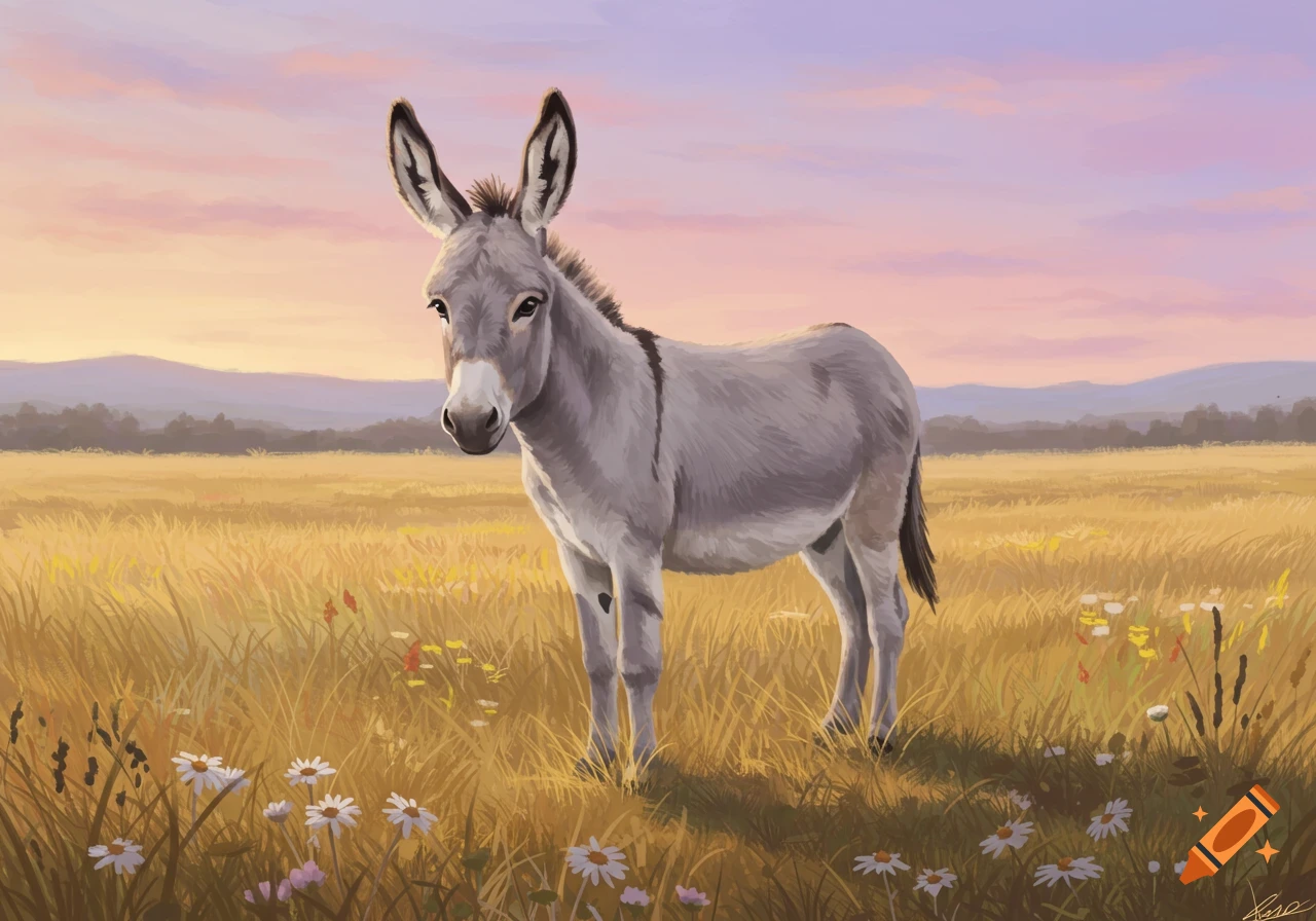 A gray donkey stands in a golden field with wildflowers under a pastel sunset sky, painterly style.