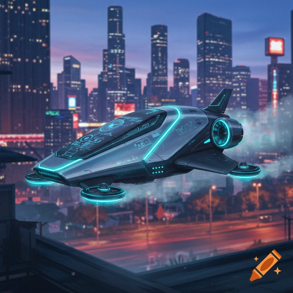A futuristic silver hover pod with blue neon lights flies over a city street at dusk with tall buildings in the background.