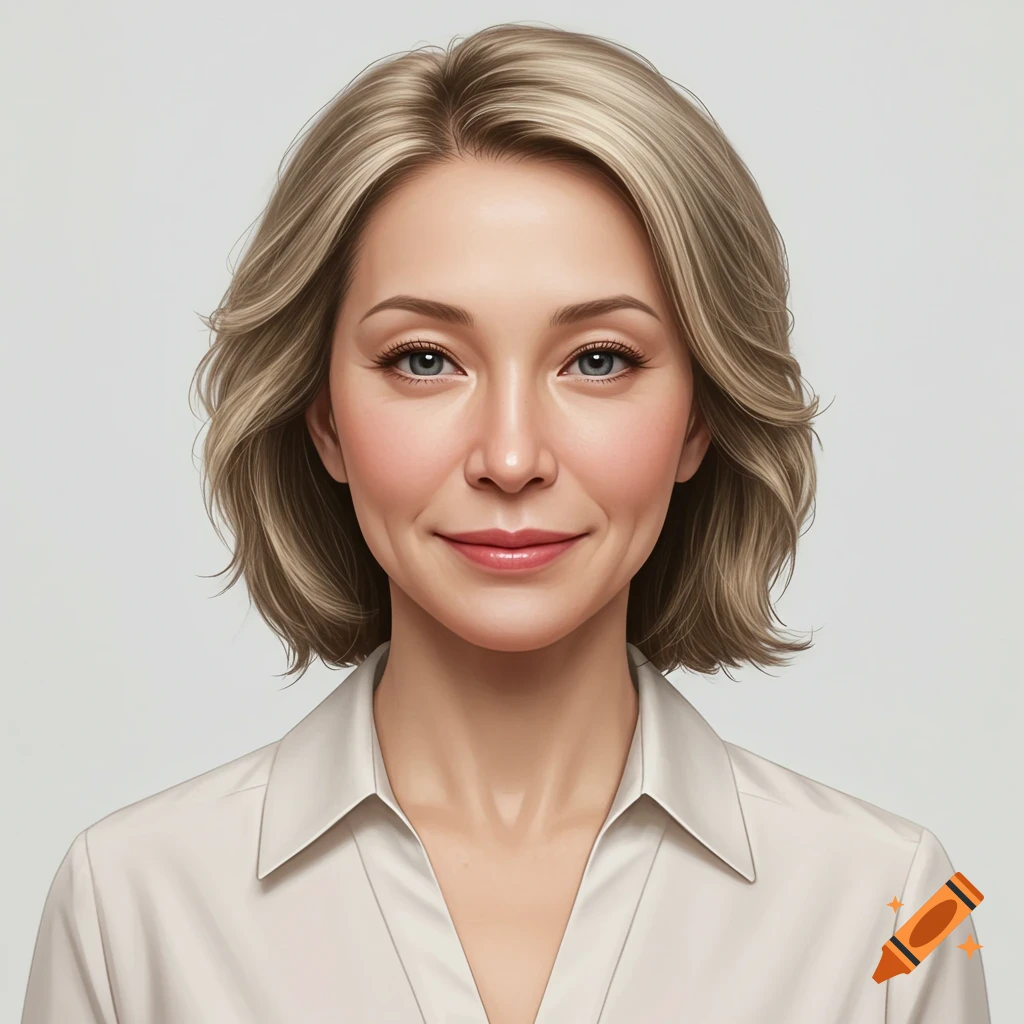 Semi-realistic portrait of a smiling blonde woman with pillow-face syndrome, wearing a light collared shirt.