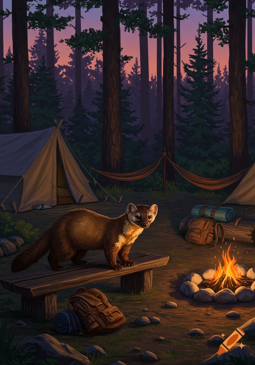 A pine marten stands on a wooden bench at a forest campsite with tents, a campfire, and gear at sunset in an illustrative style.