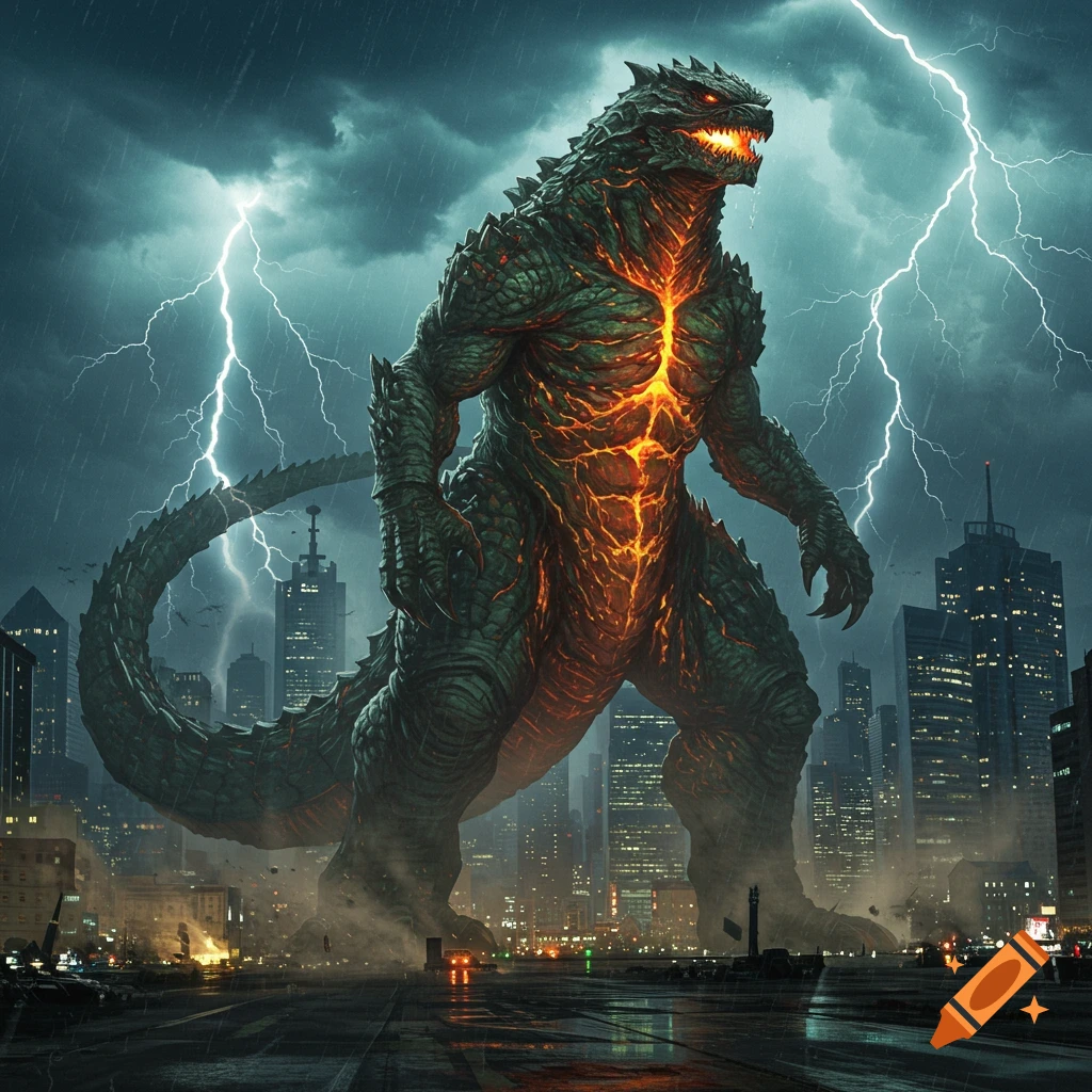 A colossal green and orange glowing Kaiju stands in a rainy city under a stormy sky with lightning.