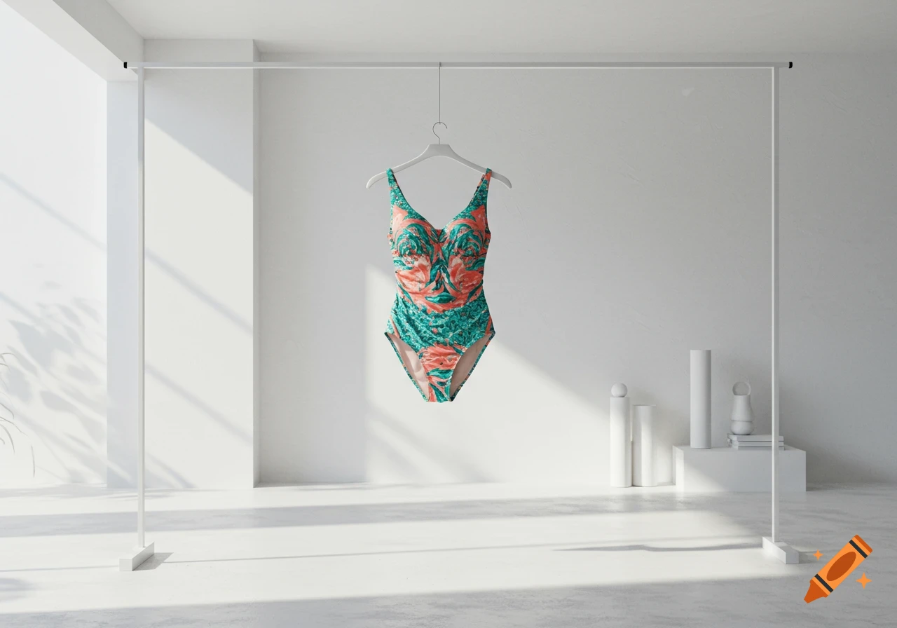 A colorful patterned one-piece swimsuit hangs on a hanger in a minimalist white photo studio.