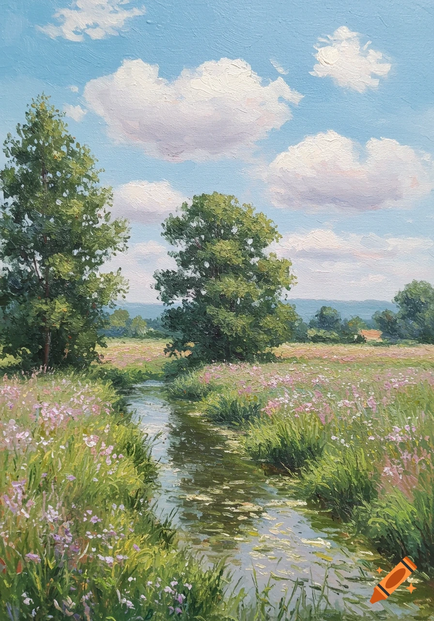 An Impressionist oil painting depicts a stream flowing through a grassy meadow with wildflowers and trees under a blue sky with white clouds.