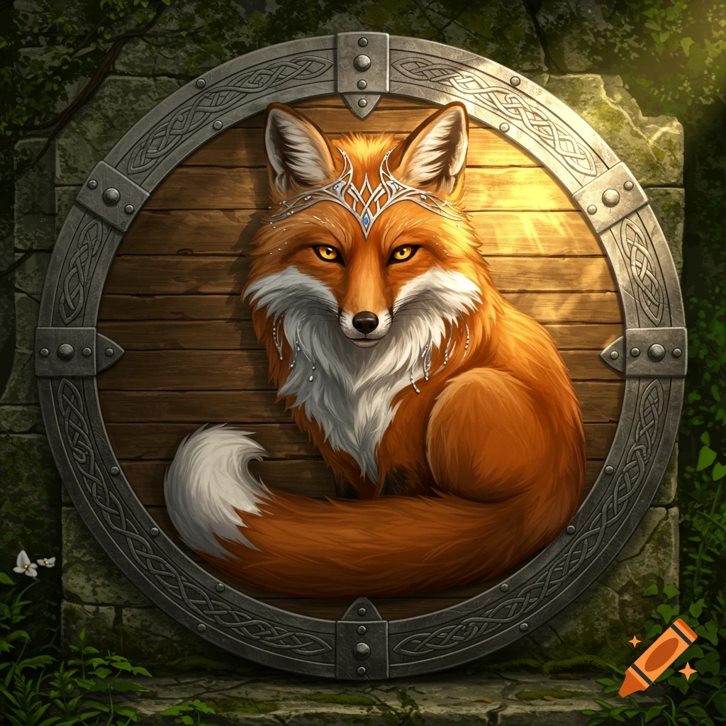An illustration of a majestic orange fox with golden eyes and a silver tiara, set within a round wooden shield adorned with Celtic knotwork, surrounded by mossy stone and green foliage.