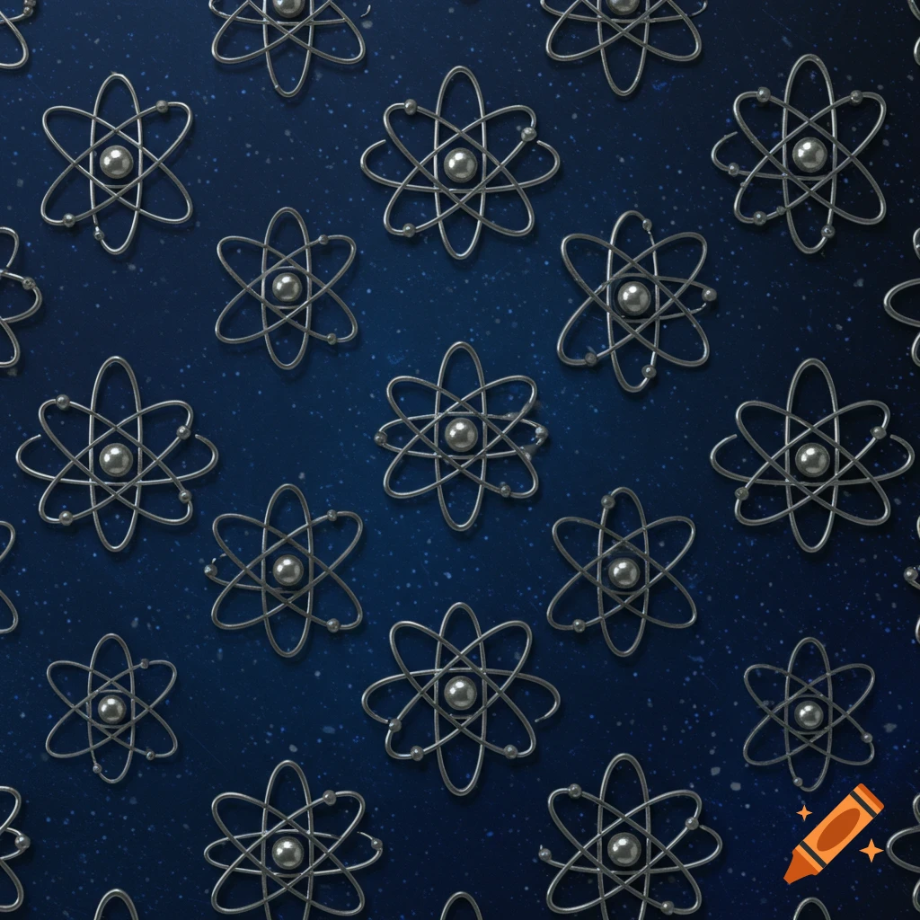 A seamless pattern of metallic atom symbols on a dark blue background with small white specks.