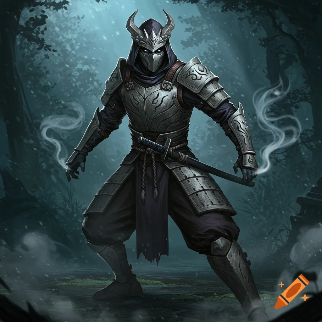 A detailed digital art depiction of a Kominu armored ninja warrior with a sword, standing in a dark forest.