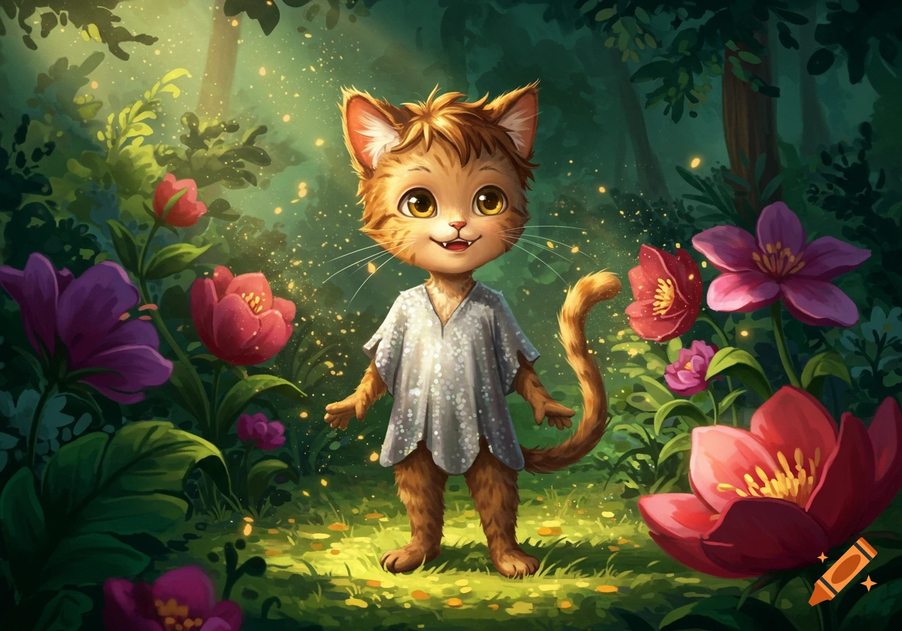 A cute, furry cat-child in a tunic stands in a magical forest with glowing specks and large, colorful flowers.