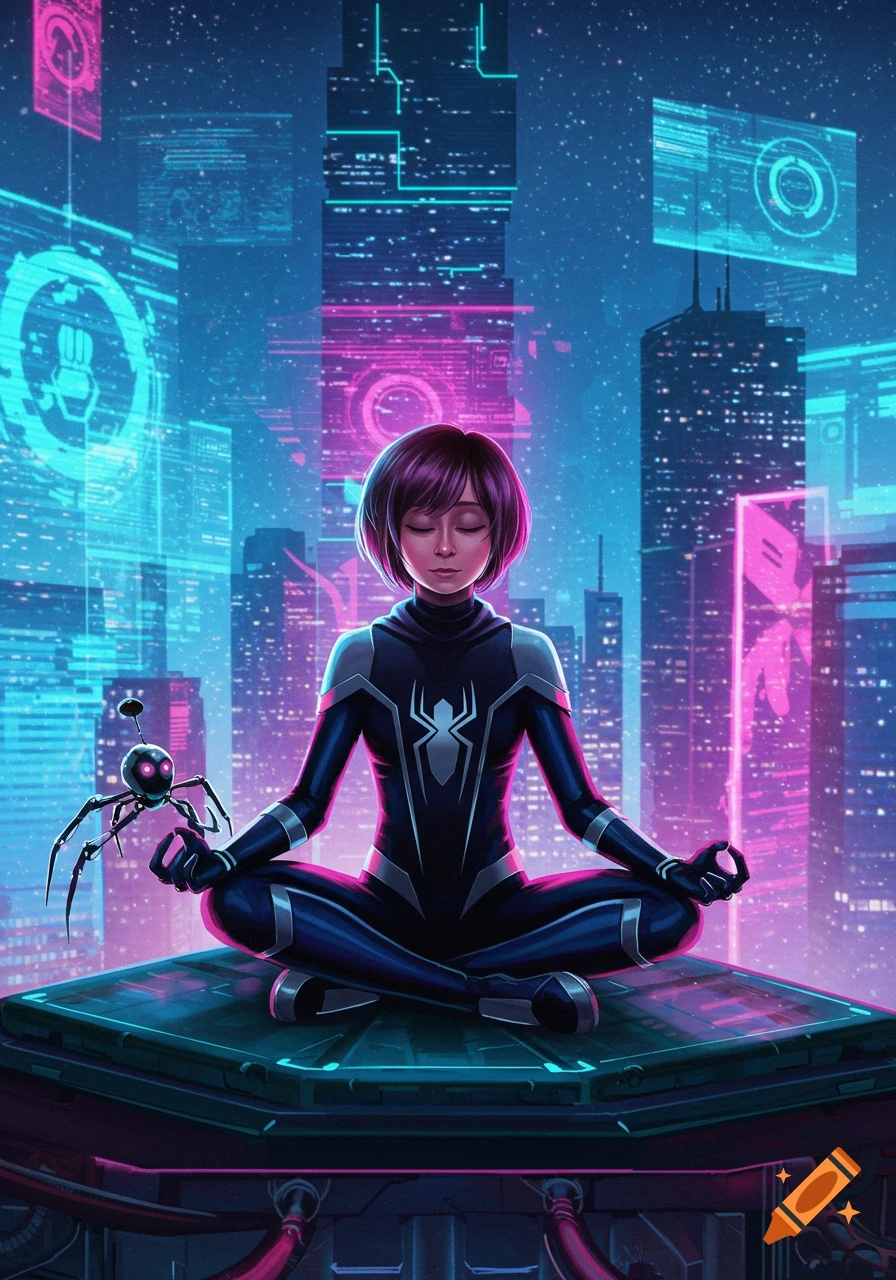 Peni Parker in a Spider-Man suit meditates with her robot spider in a neon cyberpunk city.
