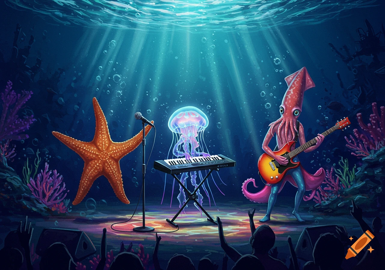 Underwater rock band: a starfish sings, a jellyfish plays keyboard, and a squid plays guitar for an audience.
