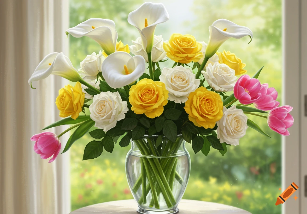 A vibrant bouquet featuring white calla lilies, yellow and white roses, and pink tulips in a glass vase by a window.