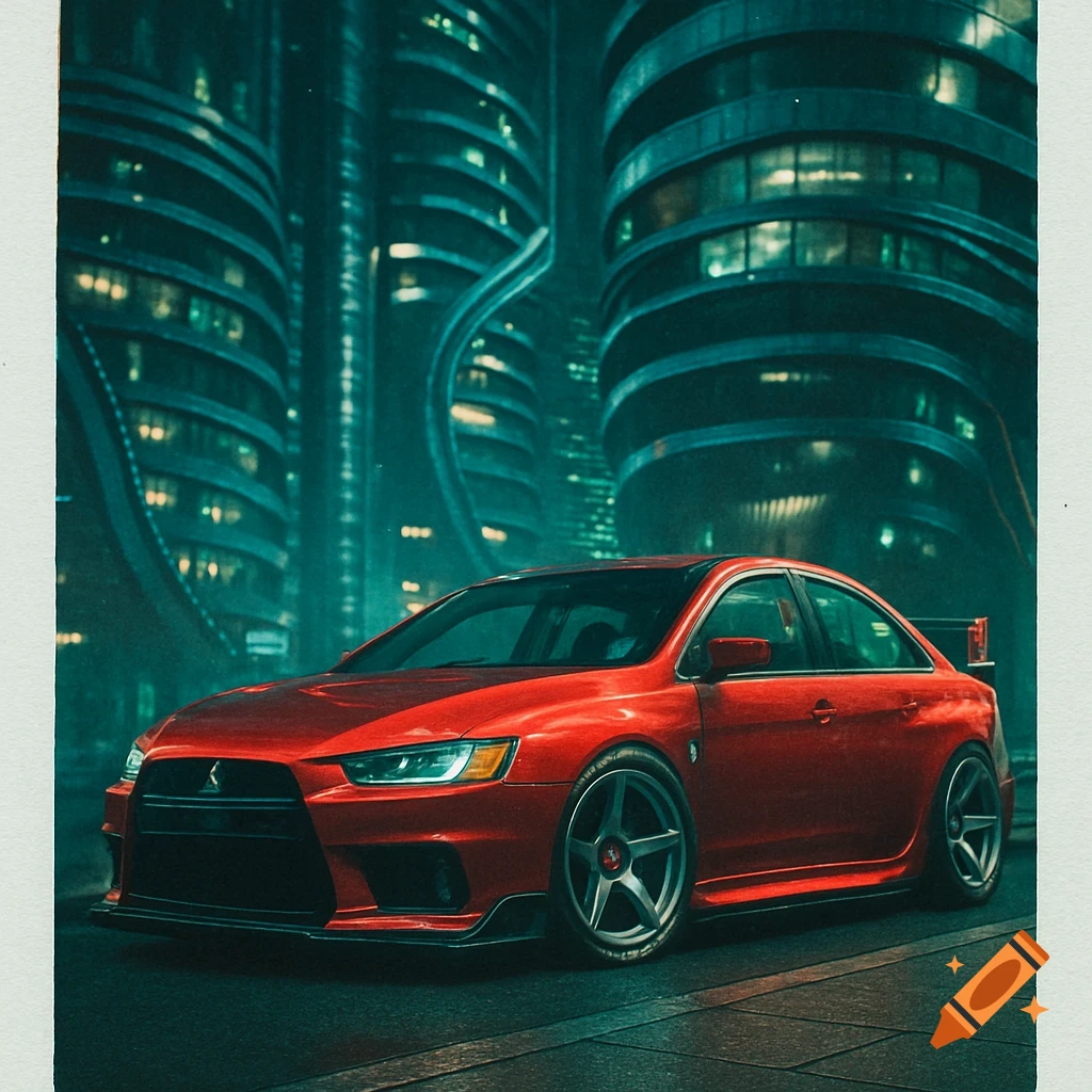 A vibrant red custom Mitsubishi car is parked in a futuristic cyberpunk city with tall, swirly office buildings in the background.