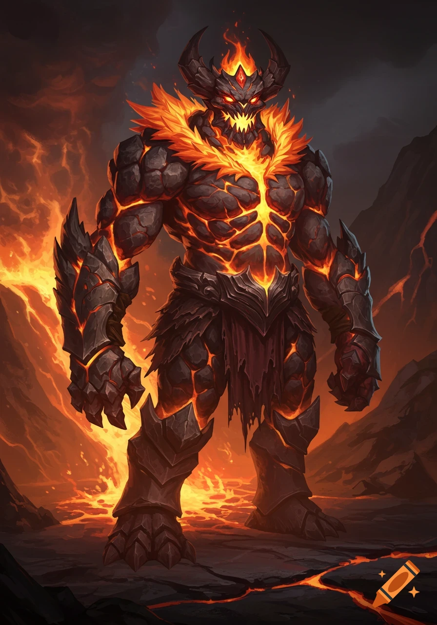 A horned molten earth elemental with fiery fur, jagged teeth, and armored limbs stands in a volcanic, fire-filled landscape.