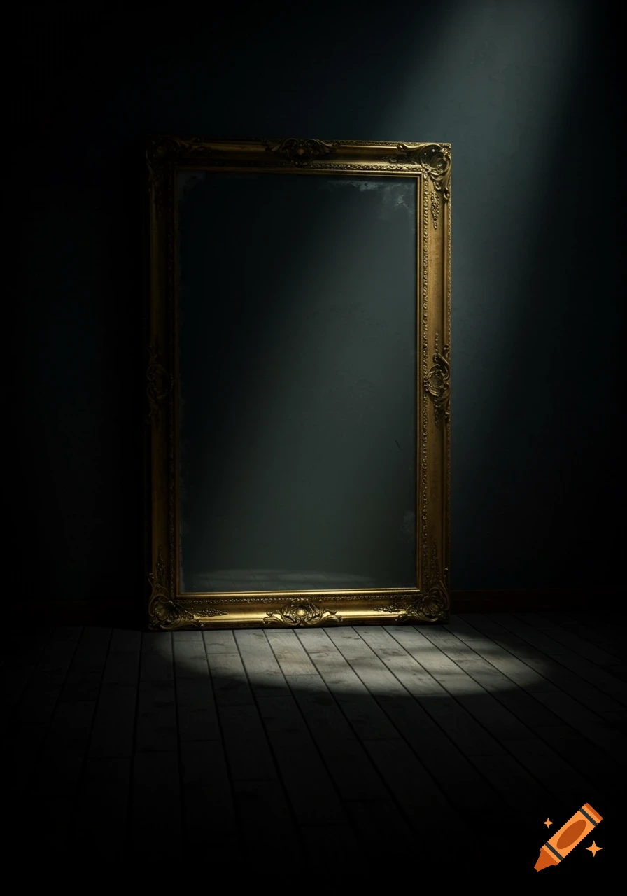 An ornate gold-framed mirror stands against a dark wall, with a spotlight illuminating the wooden floor in a dim room.