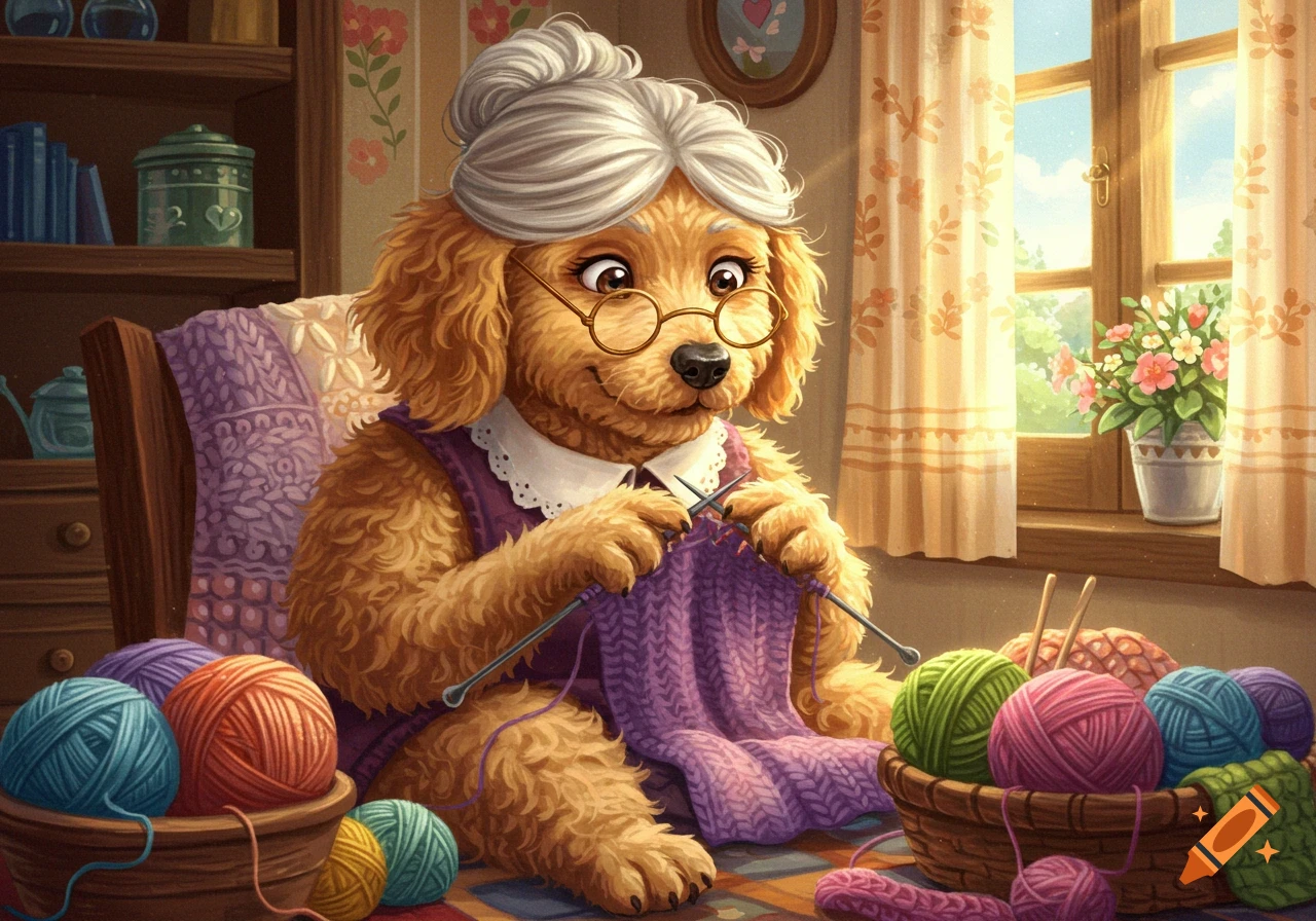 An anthropomorphic golden dog with grey hair and glasses knits a purple scarf, surrounded by colorful yarn balls in a cozy, sunlit room.