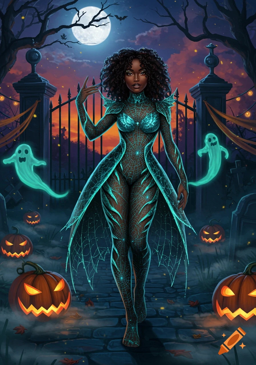 A young Black woman in a glowing teal spiderweb costume stands in a spooky cemetery at night with jack-o'-lanterns and ghosts under a full moon.
