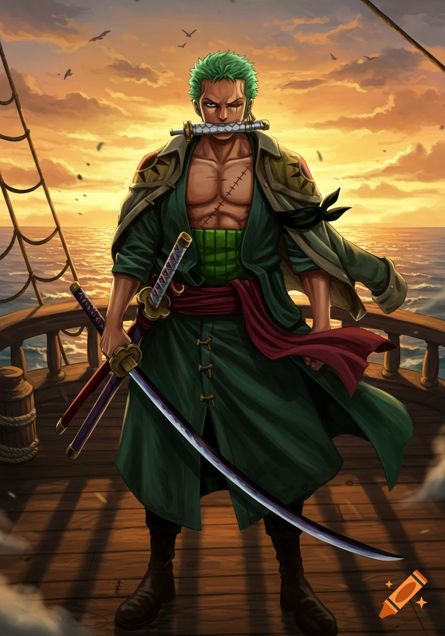 Anime illustration of Roronoa Zoro on a ship deck at sunset, holding three katanas, one in his mouth.