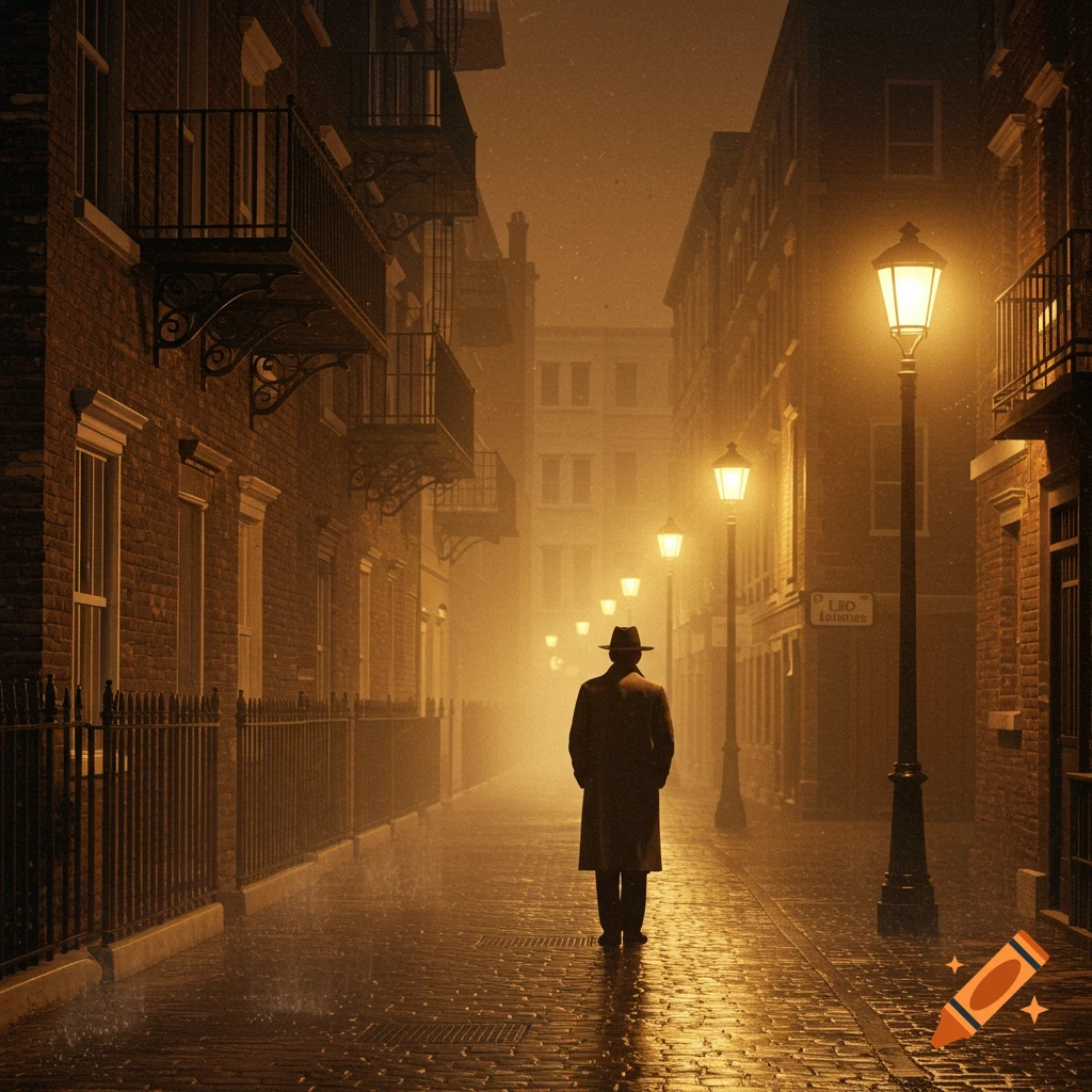 A man in a trench coat and hat walks down a foggy, wet cobblestone street lined with buildings and glowing streetlights at night, noir style.