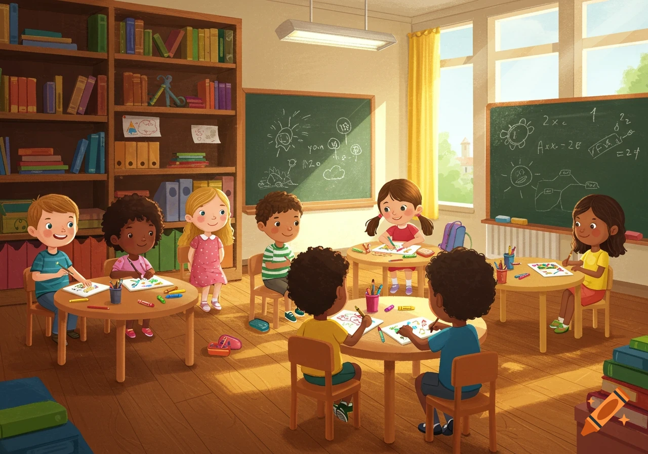 Illustration of diverse children learning in a bright classroom with blackboards and bookshelves, in a cheerful, clear-line style.