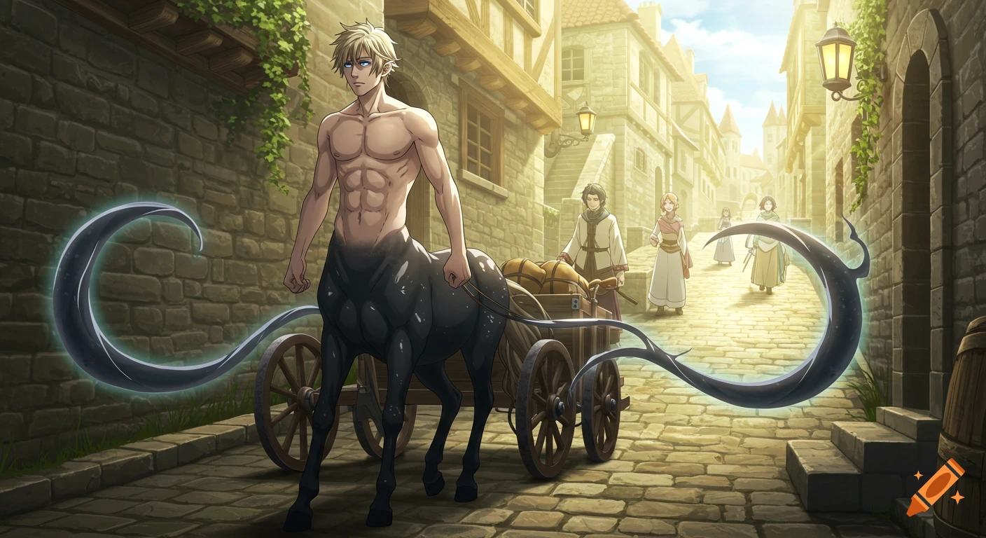 A shirtless blond centaur with a dark horse body pulls a cart with glowing dark tendrils through a medieval-style town street at midday, in anime style.