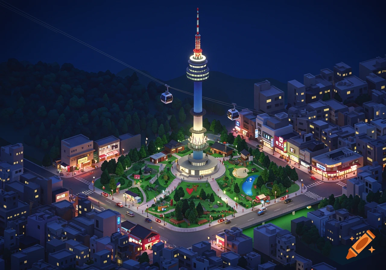 An isometric 3D digital illustration of Namsan Seoul Tower and its surrounding park and city at night, with cable cars and illuminated buildings.