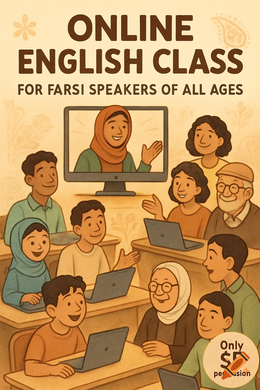 Cartoon illustration of a diverse group of Farsi-speaking students of all ages in an online English class, smiling at laptops.