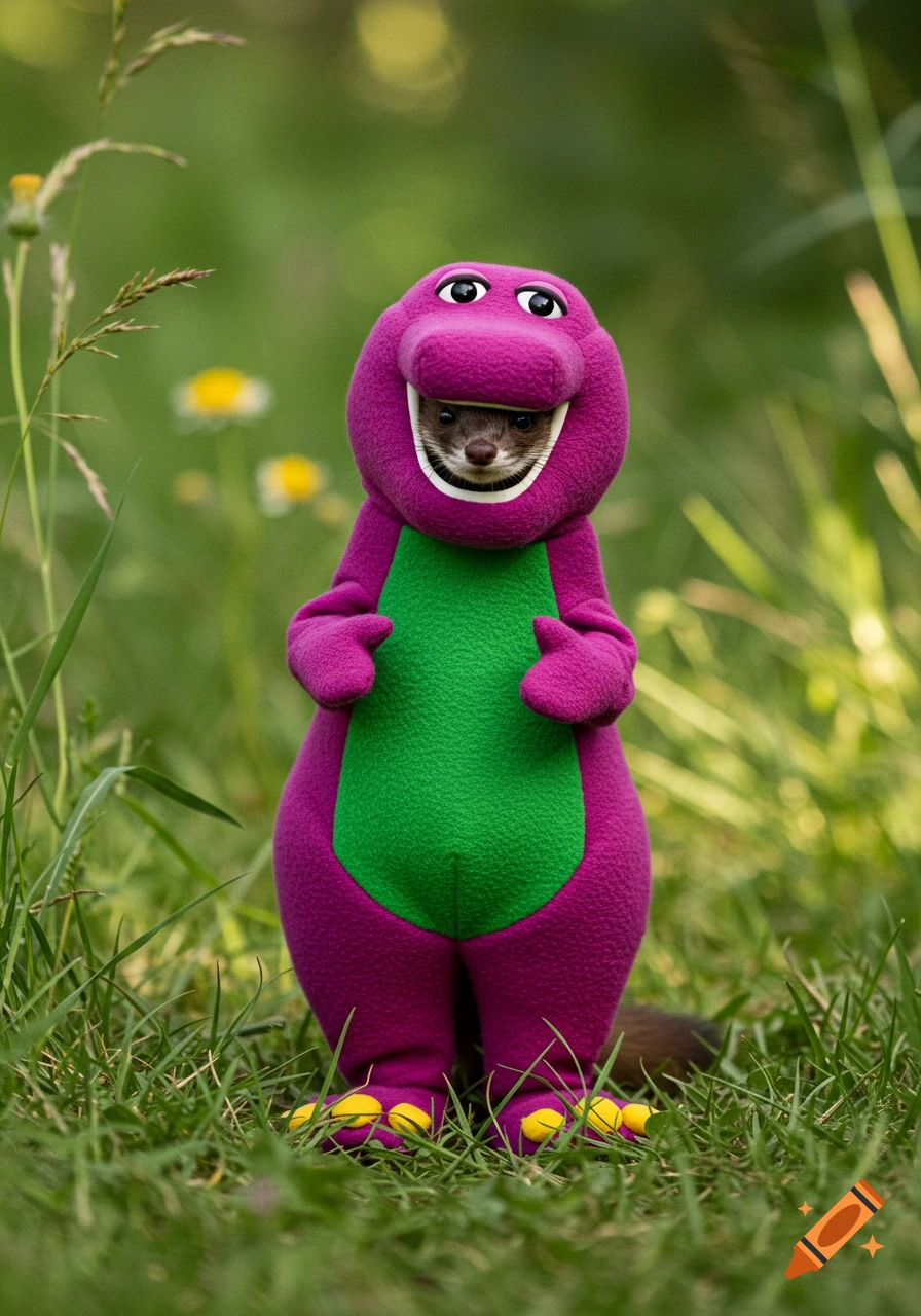 A photorealistic image of a small weasel standing in green grass, wearing a purple and green Barney the dinosaur mascot costume.