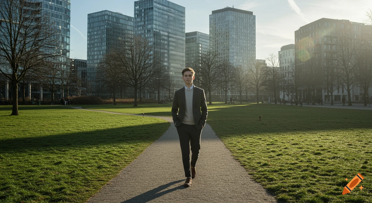 A young man walks confidently along a park path with modern glass buildings in the background on a sunny day.