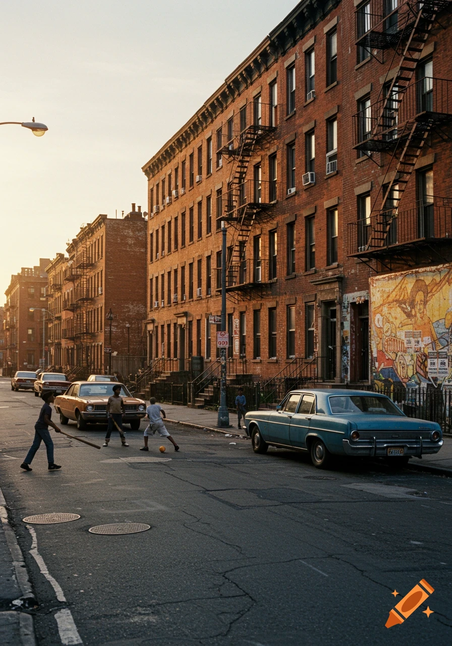 Children play stickball and kickball on a sunny 1980s street in front of brick buildings with fire escapes and a mural.