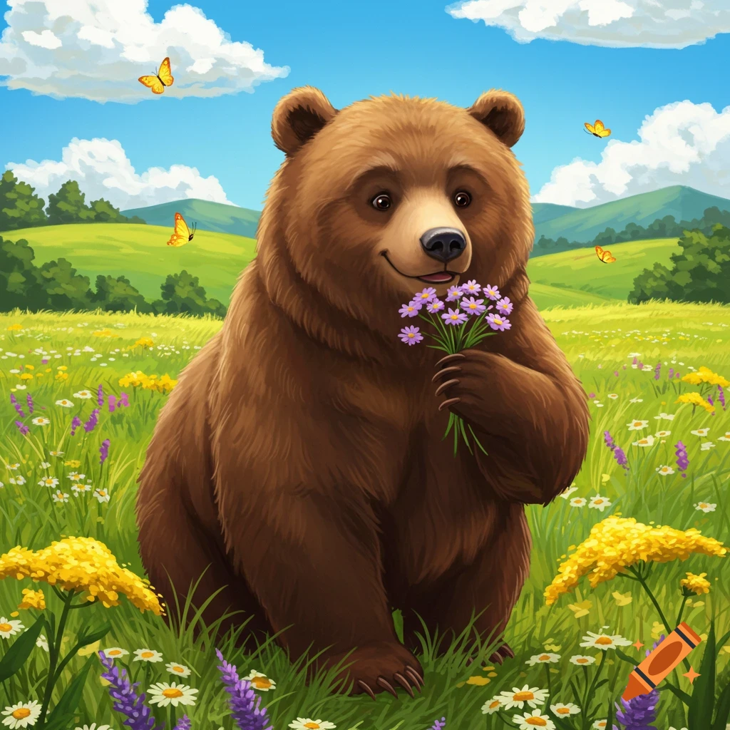 A happy brown cartoon bear holds a small bouquet of purple flowers in a vibrant green meadow under a blue sky with white clouds and yellow butterflies.