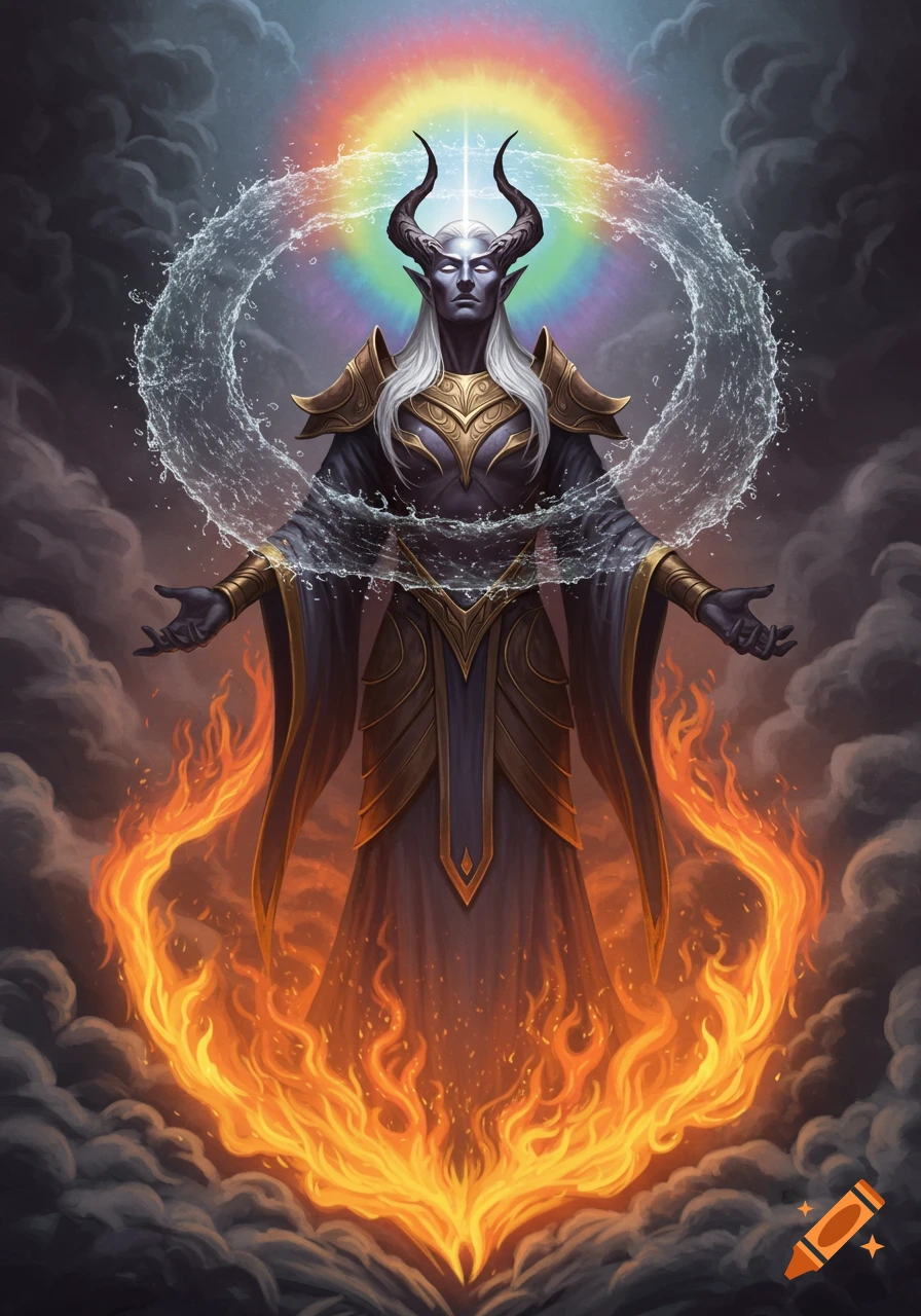A fantasy dark elf cleric with horns and white hair, encircled by water, flames, and a rainbow halo.