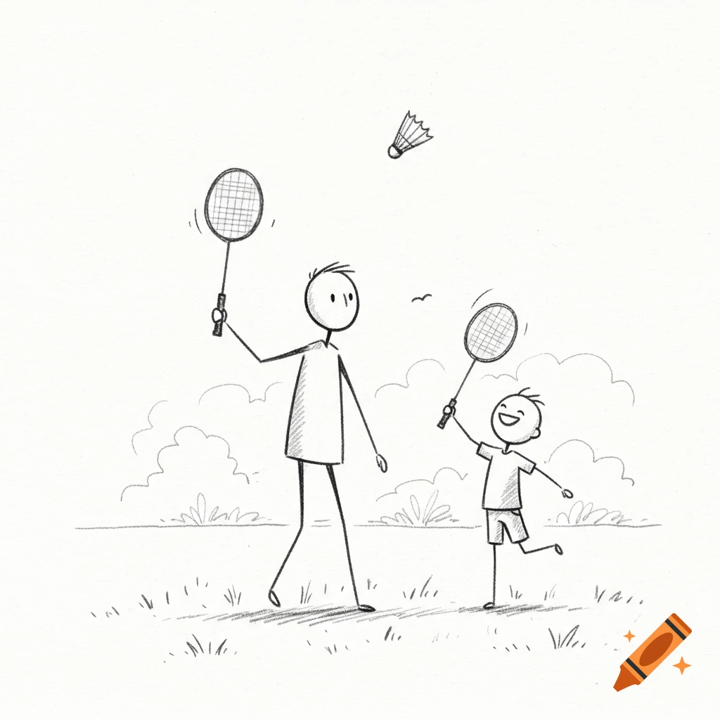 Pencil drawing of a tall stick figure and a happy shorter stick figure child playing badminton outdoors in a grassy area.