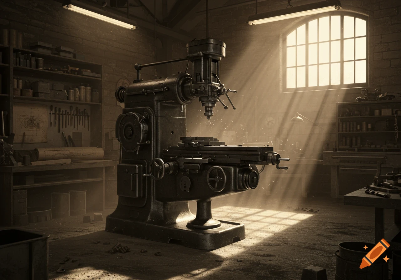 A vintage milling machine stands in a sunlit industrial workshop, with dust motes visible in the light rays.
